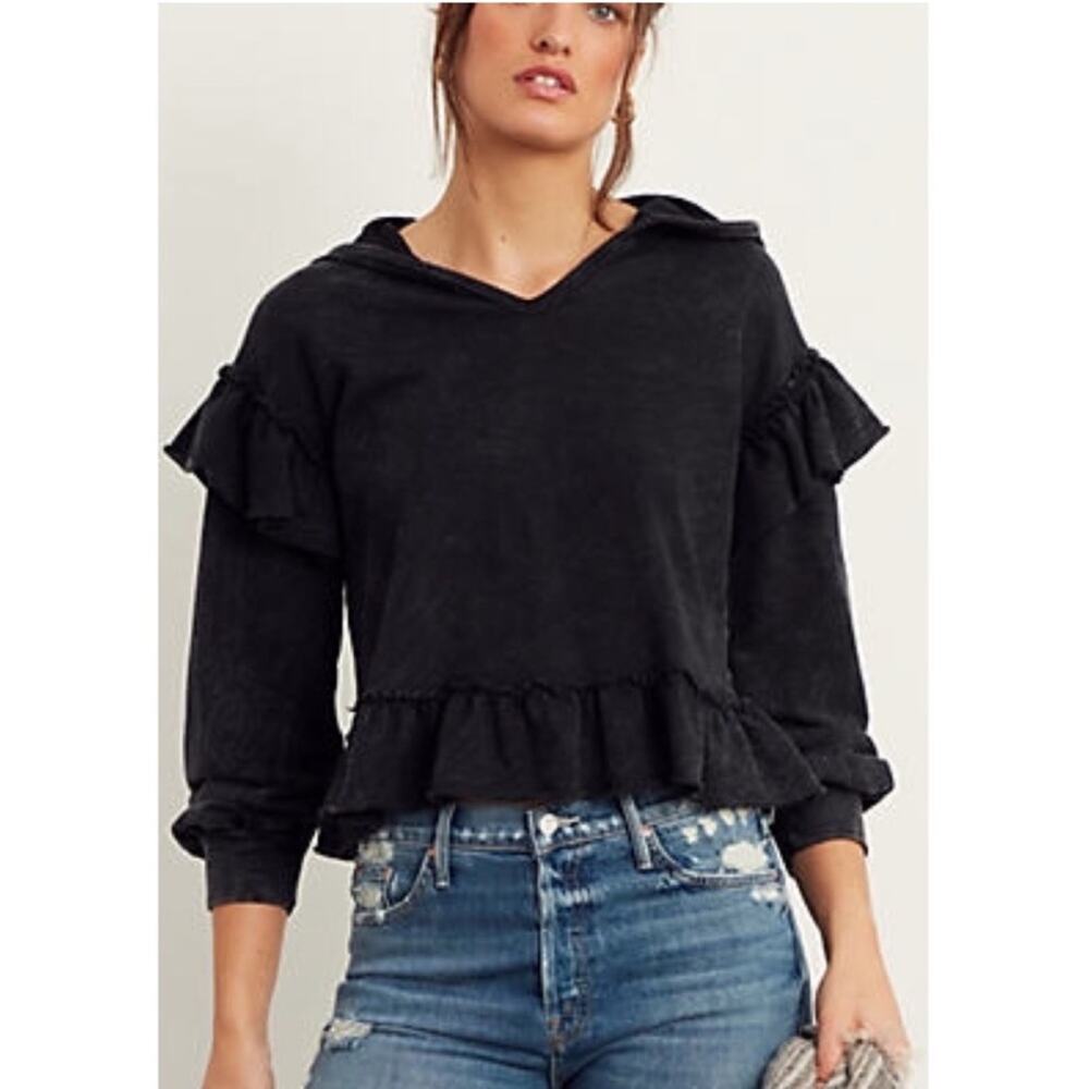 Anthropologie TLA faded black hooded ruffled sweatshirt size Small